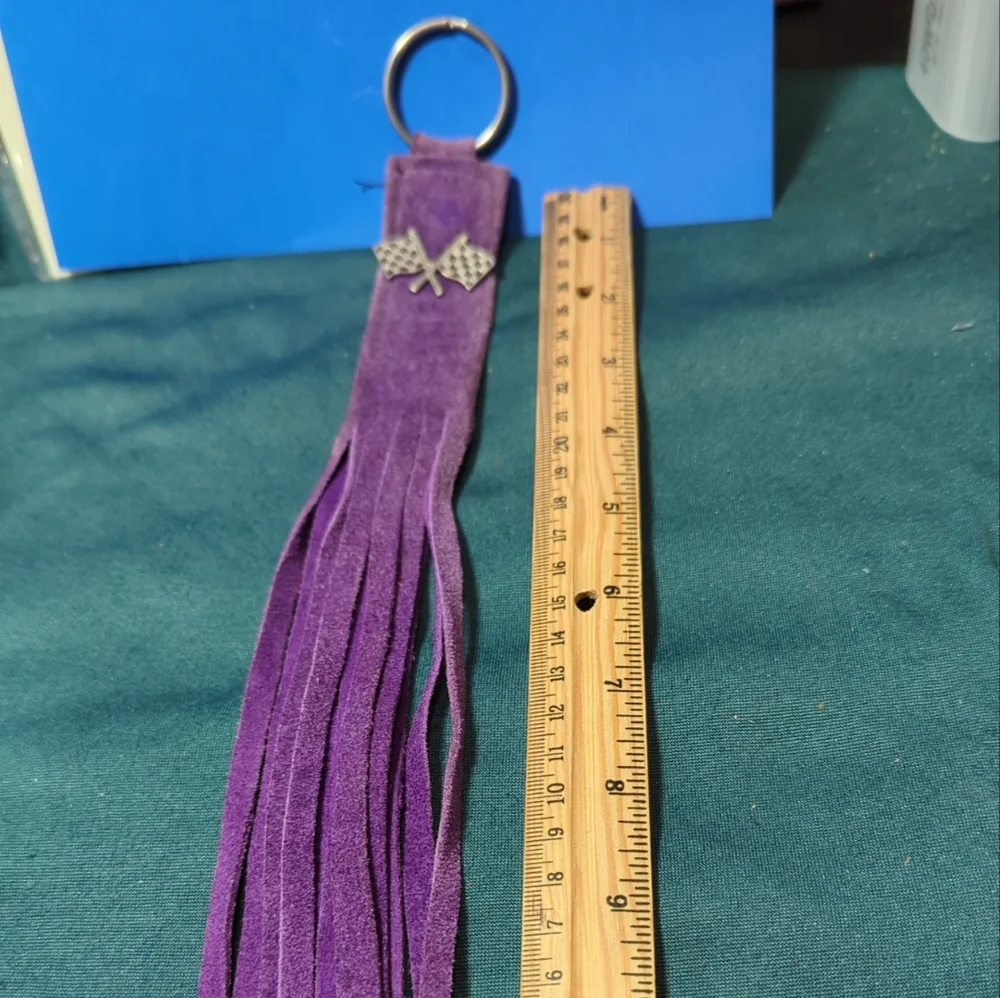 Vintage Long Purple Fringe Suede Leather Key Ring RACING 🏁 Flags Emblem 13